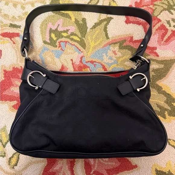 SALVATORE FERRAGAMO Silver Fittings Gancini Canvas Nylon Shoulder Bag Black/Red